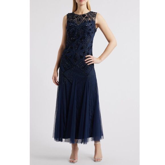 Pisarro Nights Geometric Beaded Sleeveless Navy Blue Gown New! - Picture 1 of 13